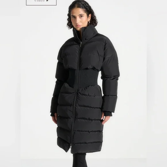 Corset Detail Longline Puffer Coat - Black - Picture 1 of 4